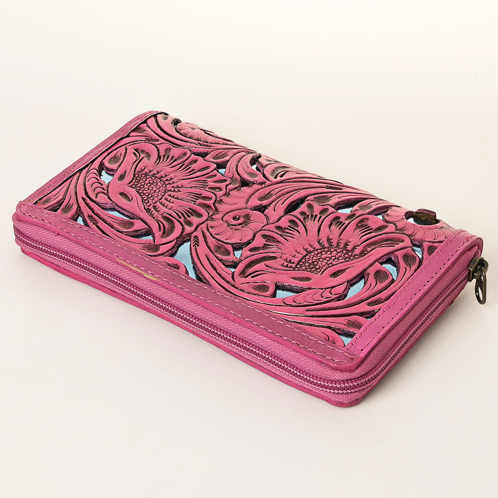ADBG1321B American Darling Pink Hand-Tooled Genuine Leather Western Wallet Bag with Floral Carving