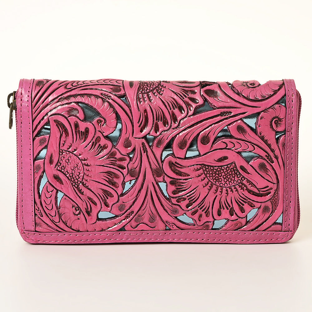 ADBG1321B American Darling Pink Hand-Tooled Genuine Leather Western Wallet Bag with Floral Carving