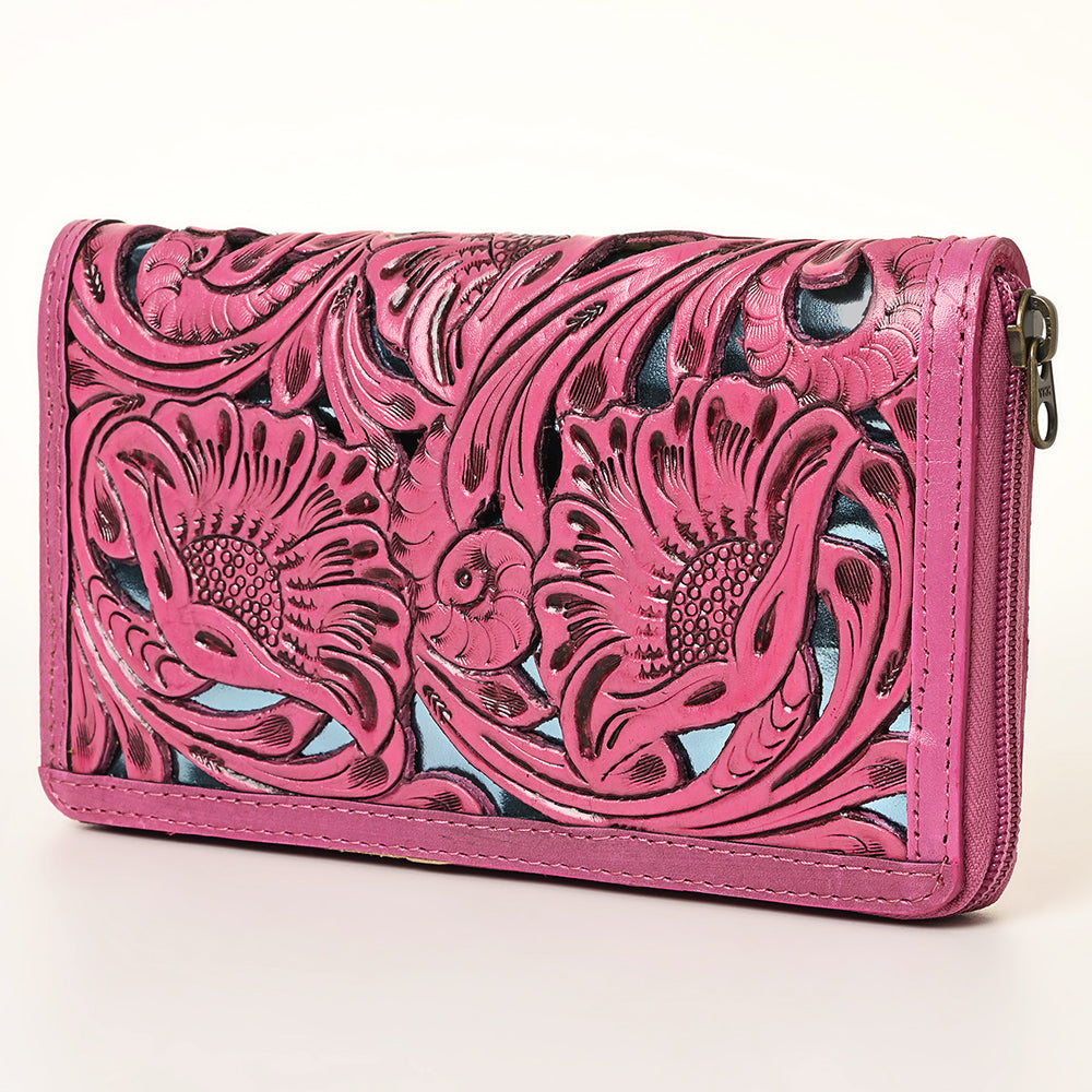 ADBG1321B American Darling Pink Hand-Tooled Genuine Leather Western Wallet Bag with Floral Carving