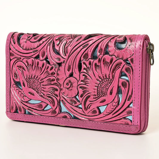 ADBG1321B American Darling Pink Hand-Tooled Genuine Leather Western Wallet Bag with Floral Carving