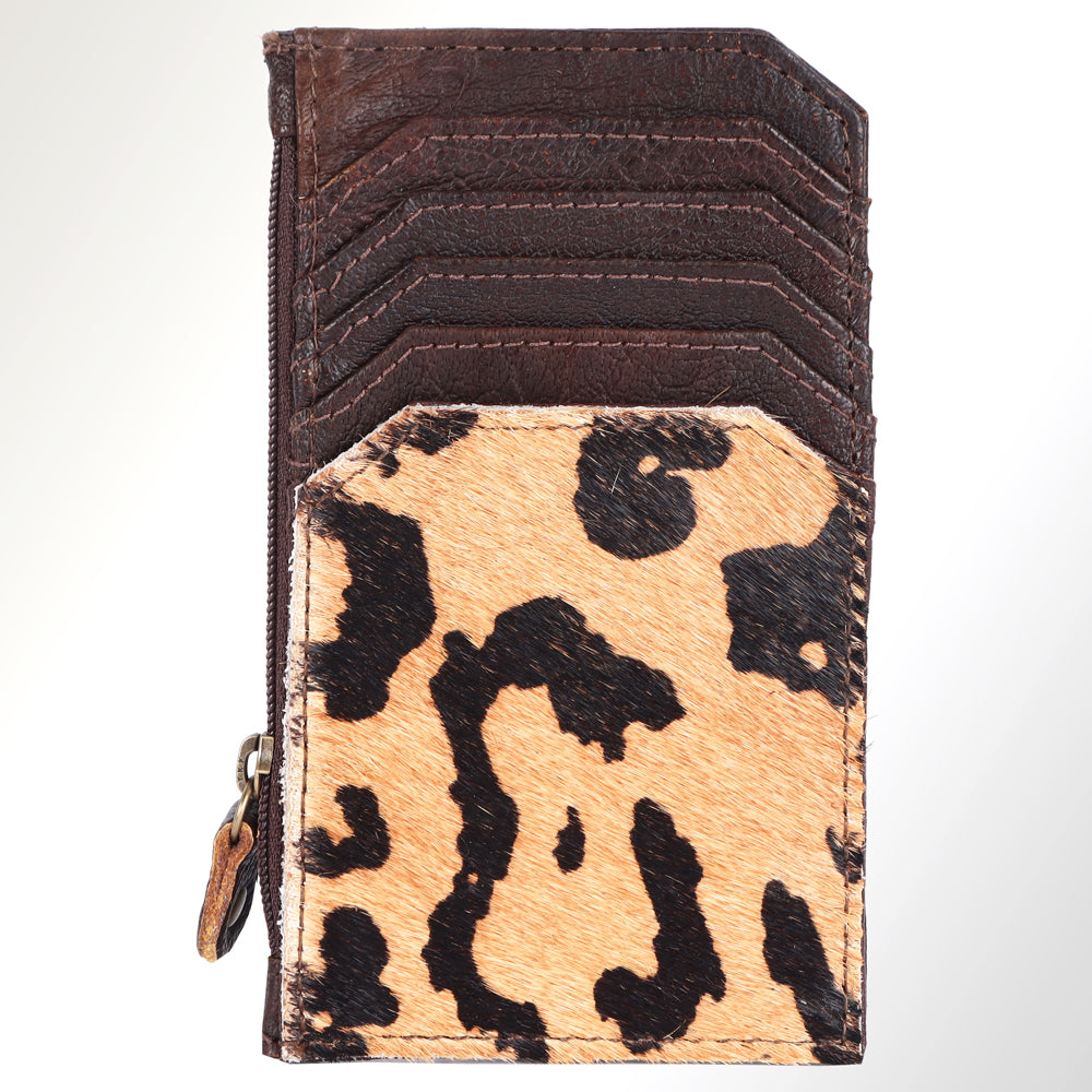 ADCCM101 Leopard Print Cowhide & Brown Leather Zipper Card Holder - Western Slim Wallet