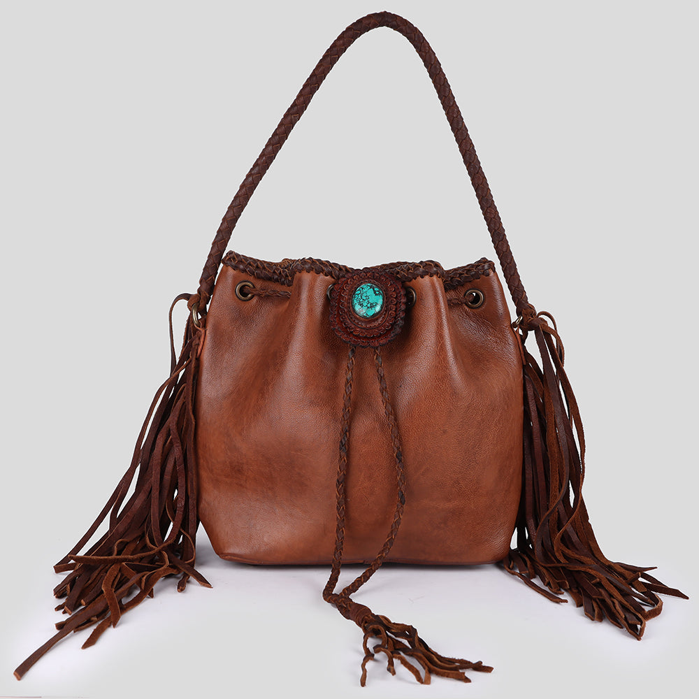 ADBGM273 Western Leather Bucket Bag - Fringe Sides, Braided Strap & Turquoise Concho