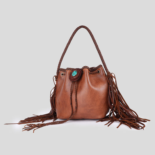 ADBGM273 Western Leather Bucket Bag - Fringe Sides, Braided Strap & Turquoise Concho