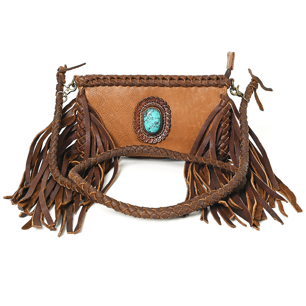 ADBGM277 Mini Fringe Crossbody - Braided Leather & Turquoise Concho