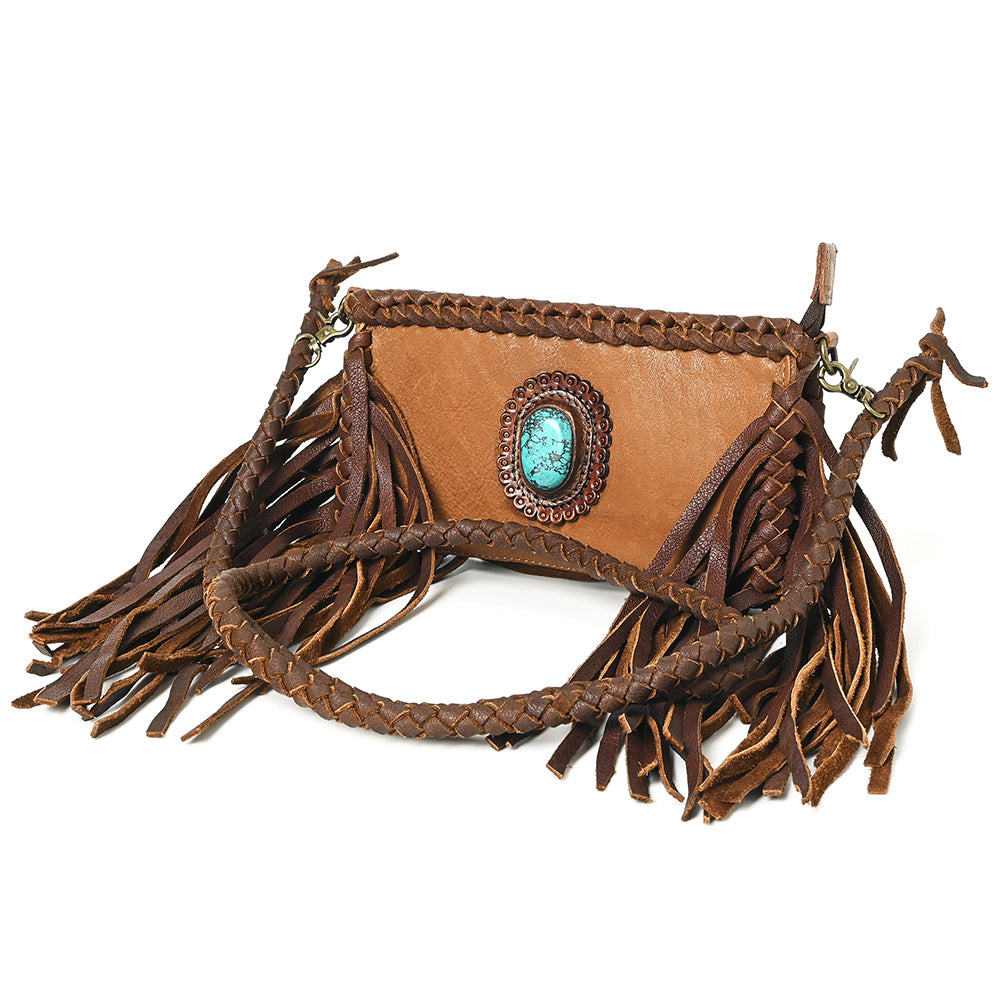 ADBGM277 Mini Fringe Crossbody - Braided Leather & Turquoise Concho