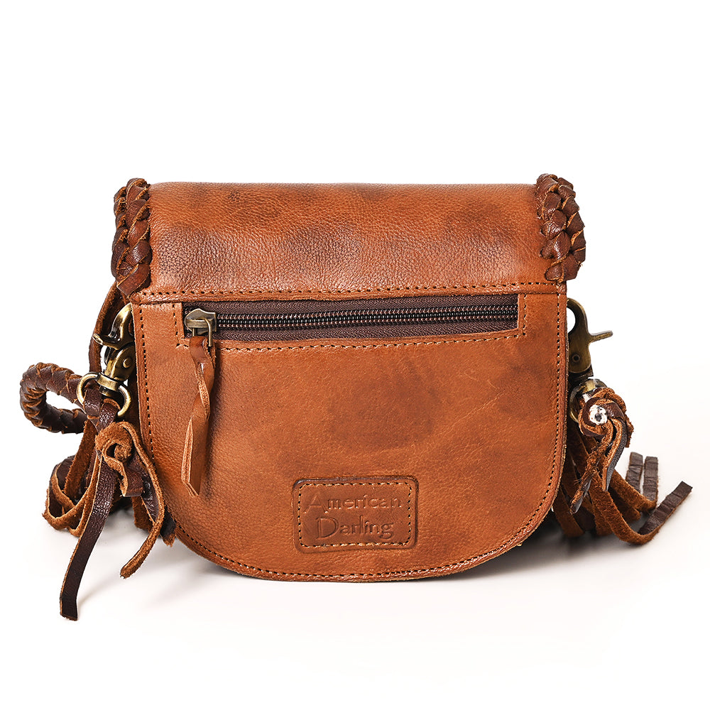 ADBGM338 Fringe Leather Crossbody Bag with Turquoise Concho - Small Western Braided Flap Purse