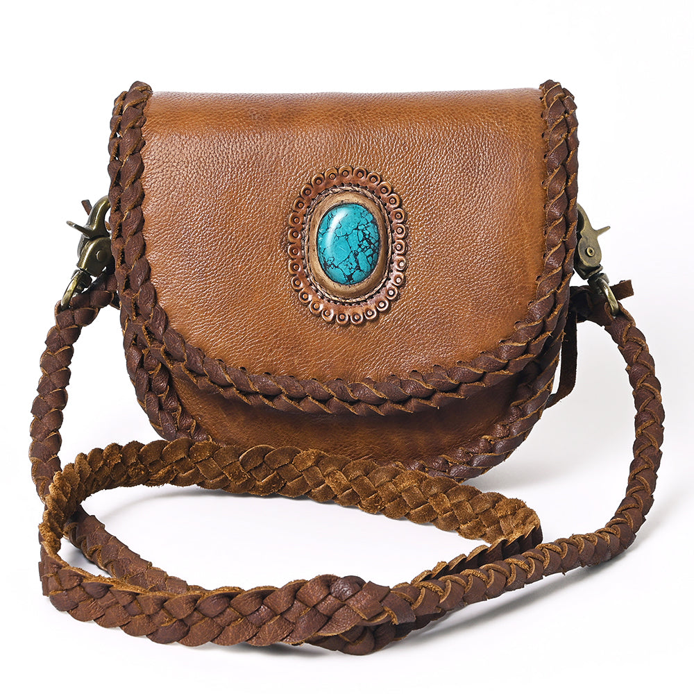 ADBGM338 Braided Leather Crossbody Bag with Stone Accent and Flap Closure