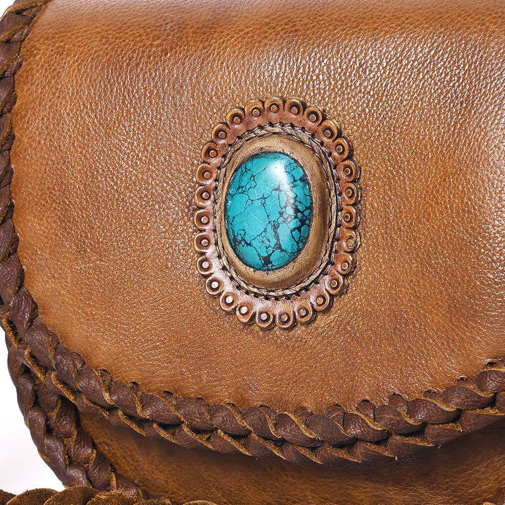 ADBGM338 Braided Leather Crossbody Bag with Stone Accent and Flap Closure