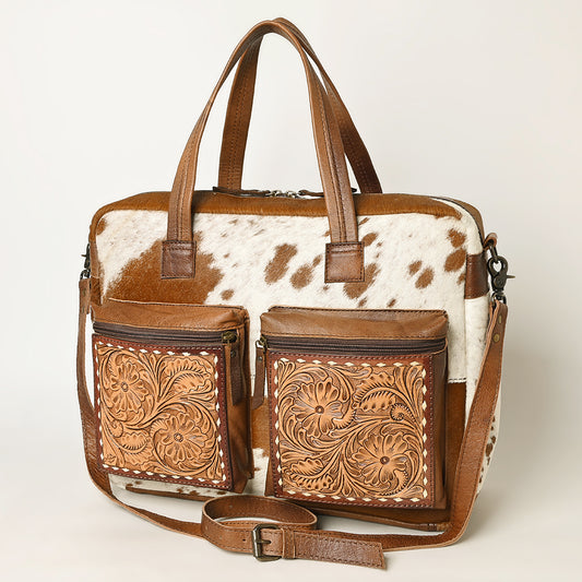 ADBG264 Hair on Hand Tooled Floral Western Tote Bag Genuine Embossed Cowhide Leather with Fringe and Adjustable Strap