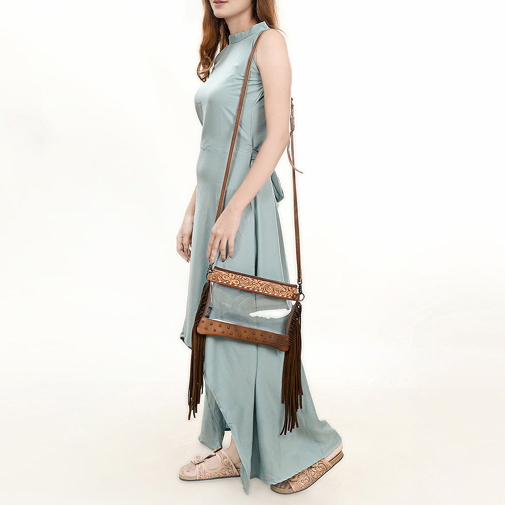 ADBG1174 American Darling Hand Tooled Leather Fringe Clear Crossbody | Western Stadium Bag