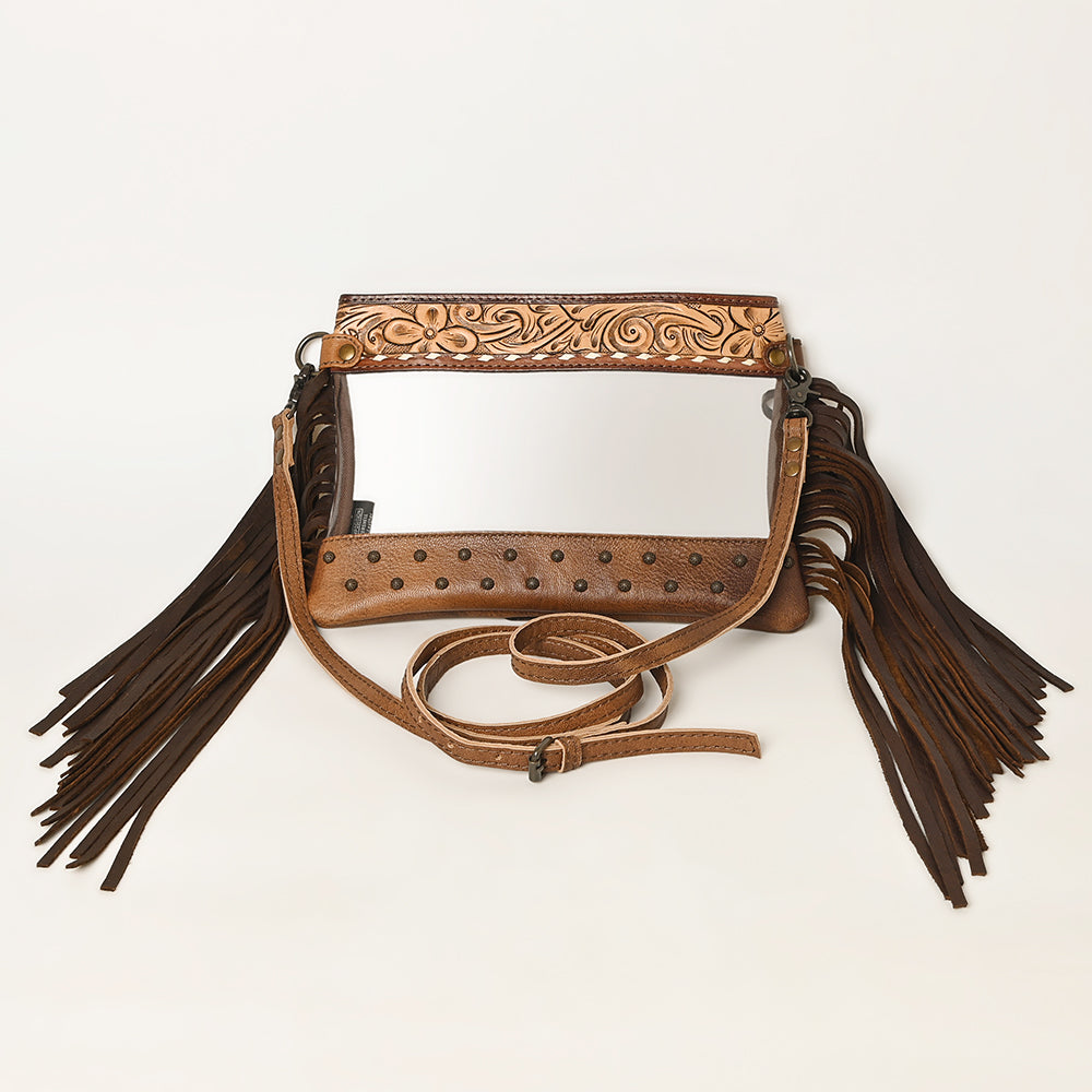 ADBG1174 American Darling Hand Tooled Leather Fringe Clear Crossbody | Western Stadium Bag