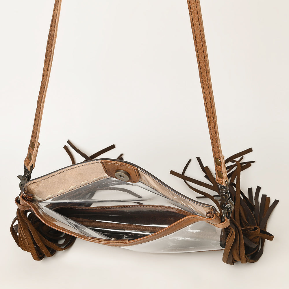 ADBG1174 American Darling Hand Tooled Leather Fringe Clear Crossbody | Western Stadium Bag