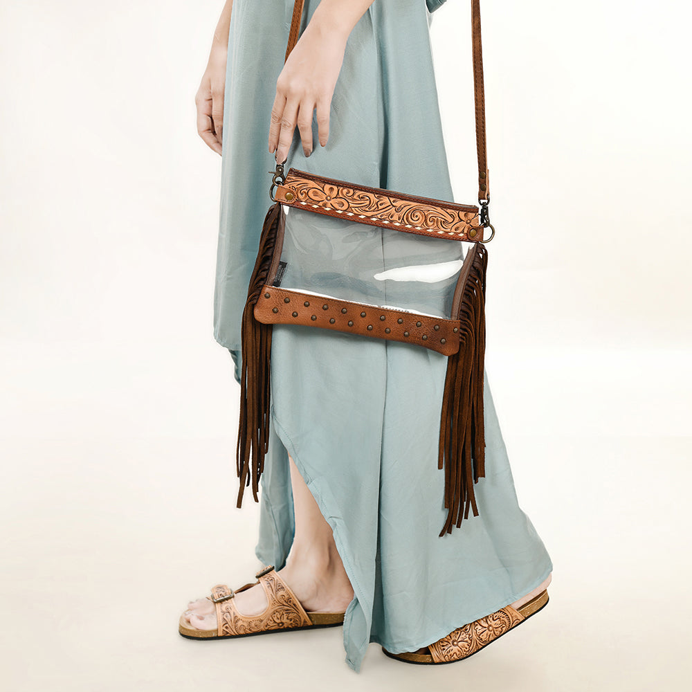 ADBG1174 American Darling Hand Tooled Leather Fringe Clear Crossbody | Western Stadium Bag