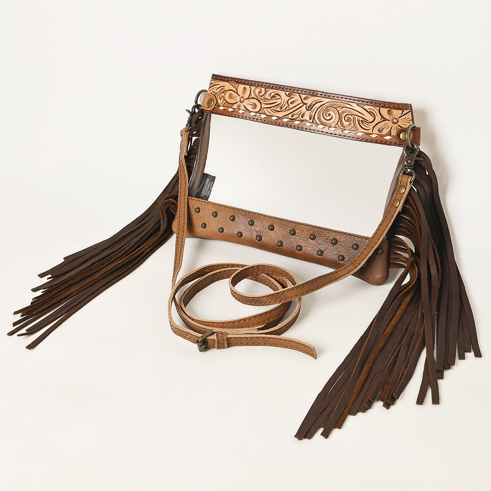 ADBG1174 American Darling Hand Tooled Leather Fringe Clear Crossbody | Western Stadium Bag
