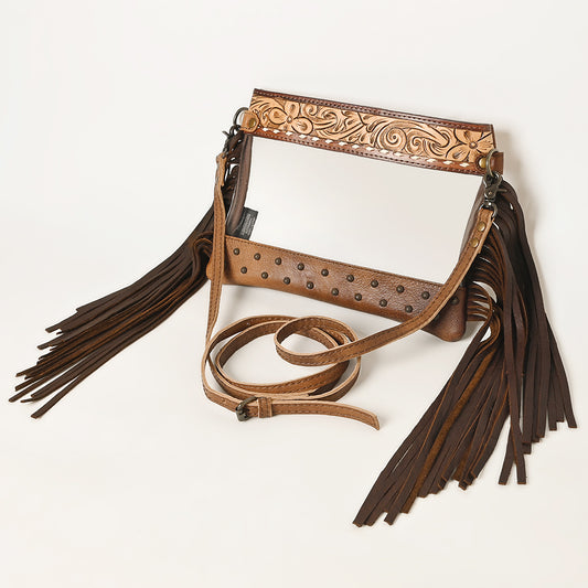 ADBG1174 American Darling Hand Tooled Leather Fringe Clear Crossbody | Western Stadium Bag