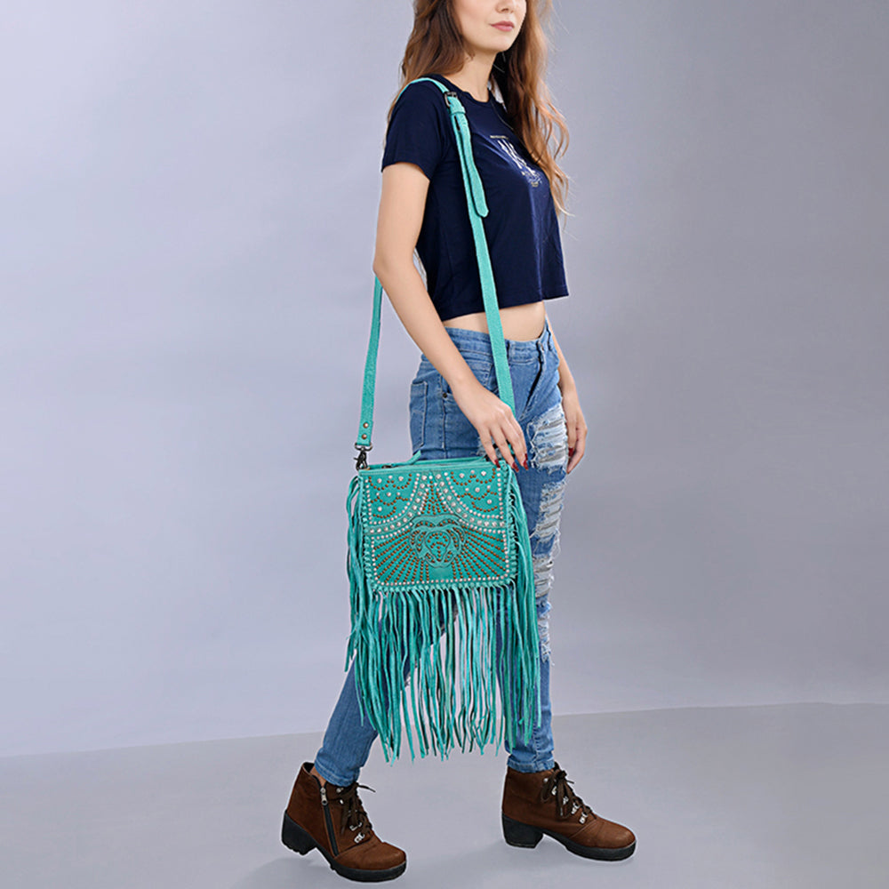 ADBG1322 American Darling Genuine Leather Western Fringe Crossbody Bag with Studded Details
