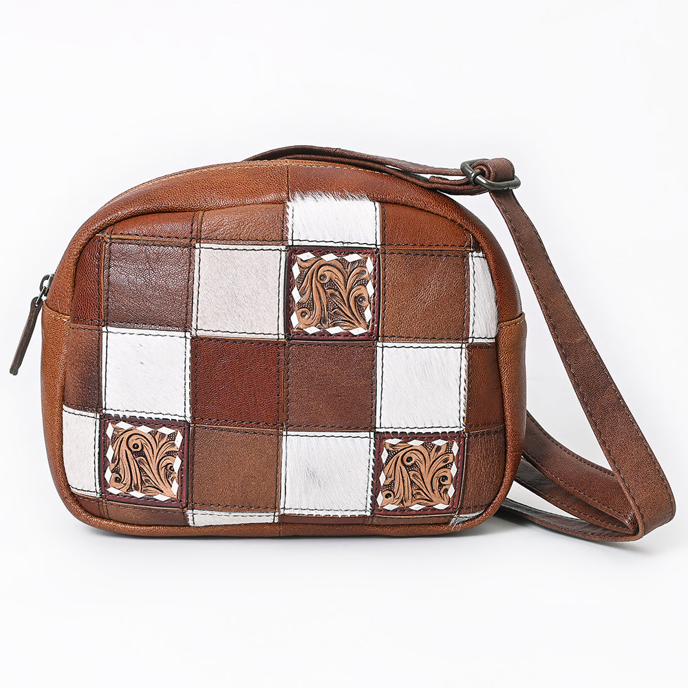 ADBG1323 American Darling Western Leather Crossbody Bag with Hair-On Cowhide Patches & Tooled Accents