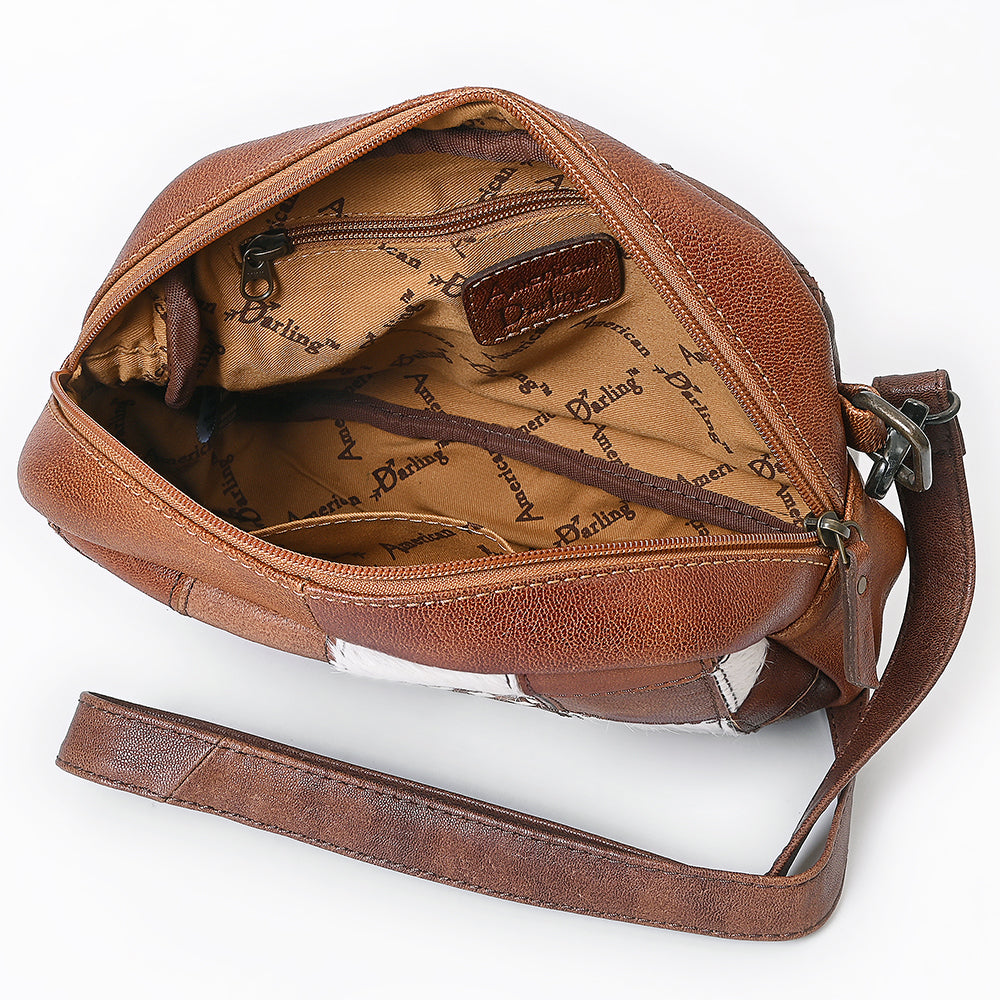 ADBG1323 American Darling Western Leather Crossbody Bag with Hair-On Cowhide Patches & Tooled Accents