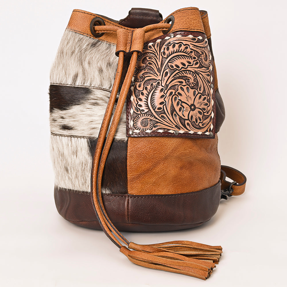 ADBG1324 American Darling Western Leather Bucket Bag with Hair-On Cowhide Patches & Tooled Leather Accent