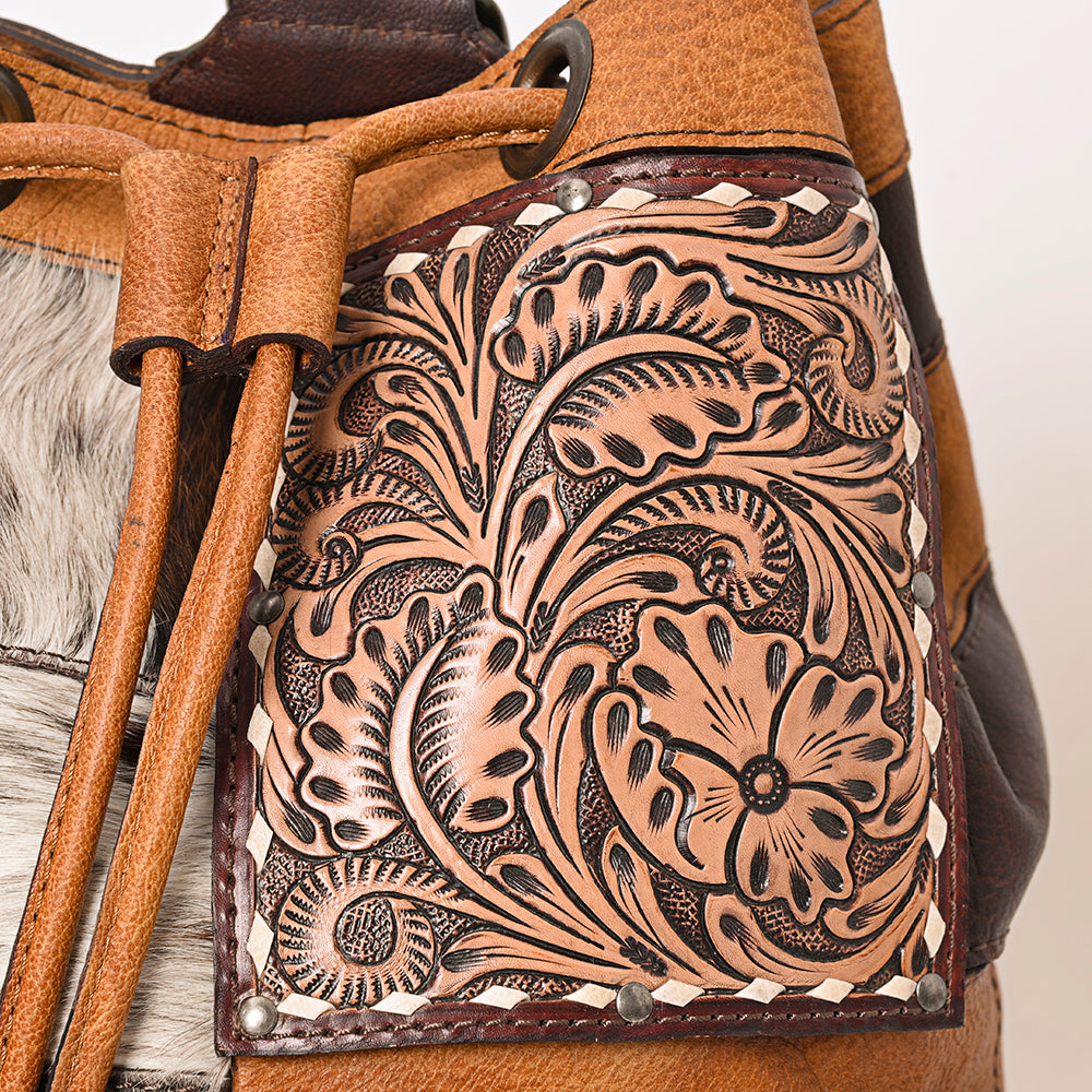 ADBG1324 American Darling Western Leather Bucket Bag with Hair-On Cowhide Patches & Tooled Leather Accent