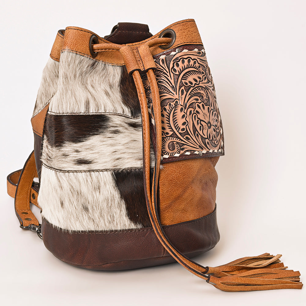 ADBG1324 American Darling Western Leather Bucket Bag with Hair-On Cowhide Patches & Tooled Leather Accent