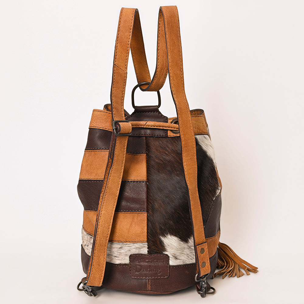 ADBG1324 American Darling Western Leather Bucket Bag with Hair-On Cowhide Patches & Tooled Leather Accent