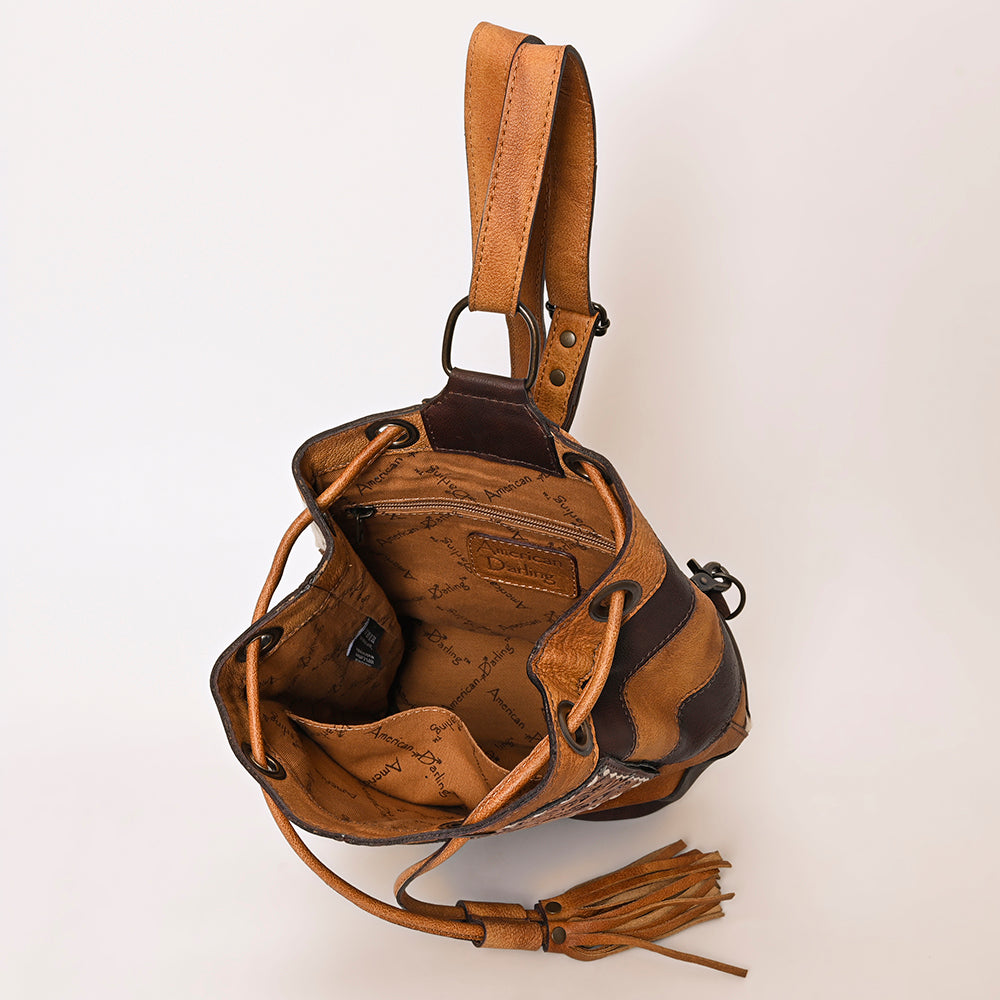 ADBG1324 American Darling Western Leather Bucket Bag with Hair-On Cowhide Patches & Tooled Leather Accent