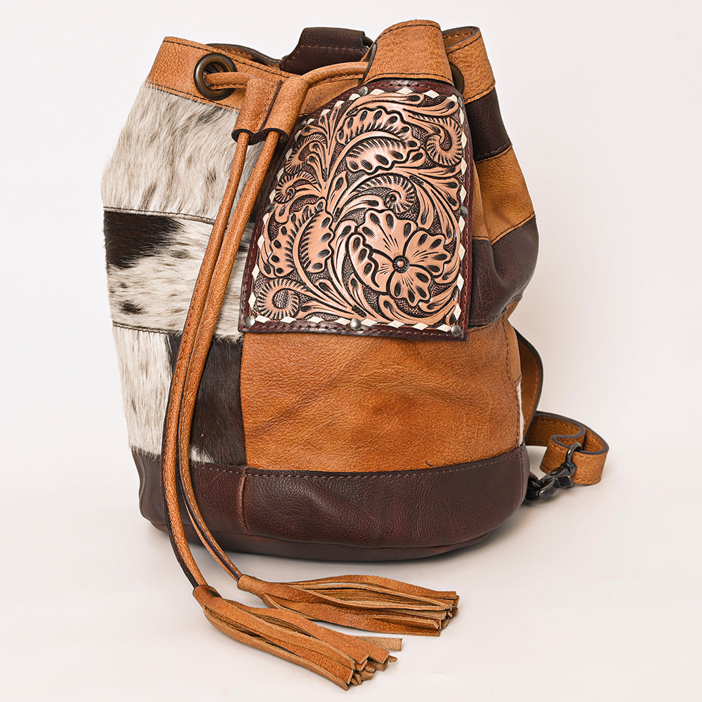 ADBG1324 American Darling Western Leather Bucket Bag with Hair-On Cowhide Patches & Tooled Leather Accent
