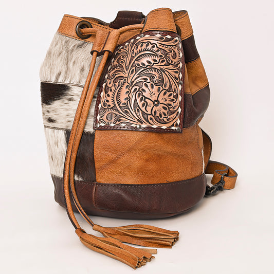 ADBG1324 American Darling Western Leather Bucket Bag with Hair-On Cowhide Patches & Tooled Leather Accent