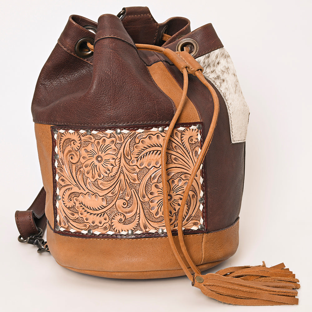 ADBG1324 American Darling Western Leather Bucket Bag with Hair-On Cowhide Patches & Tooled Leather Accent