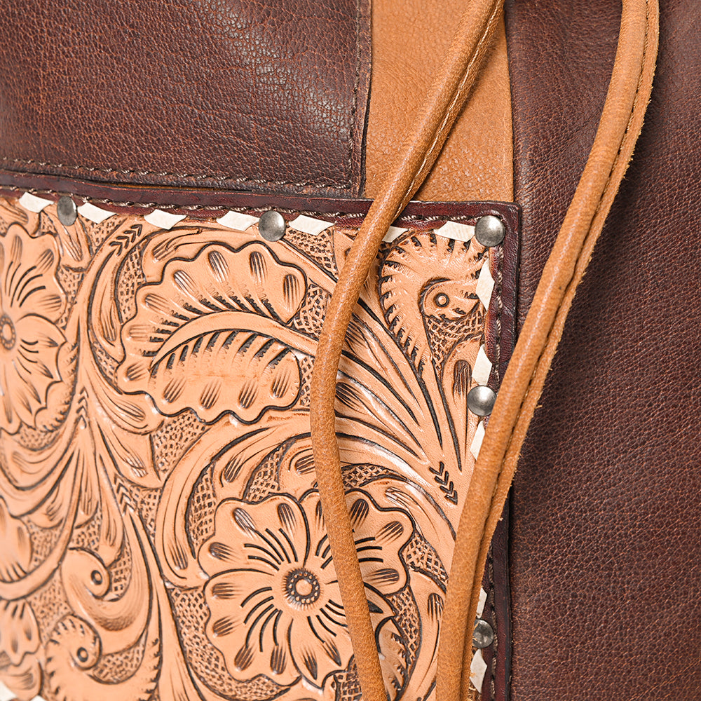 ADBG1324 American Darling Western Leather Bucket Bag with Hair-On Cowhide Patches & Tooled Leather Accent