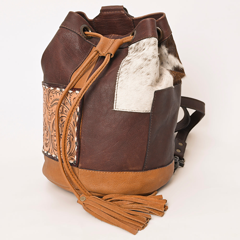 ADBG1324 American Darling Western Leather Bucket Bag with Hair-On Cowhide Patches & Tooled Leather Accent
