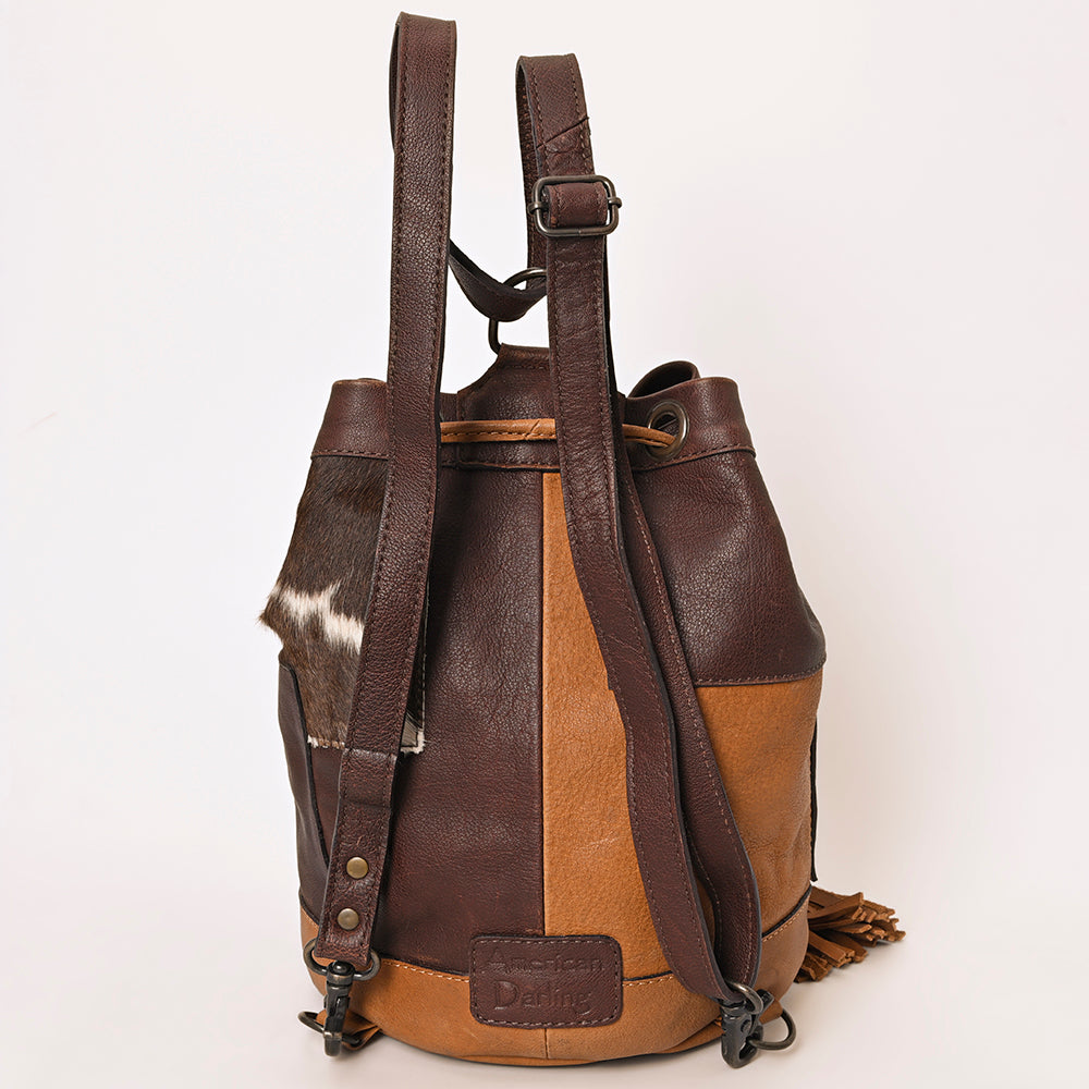 ADBG1324 American Darling Western Leather Bucket Bag with Hair-On Cowhide Patches & Tooled Leather Accent