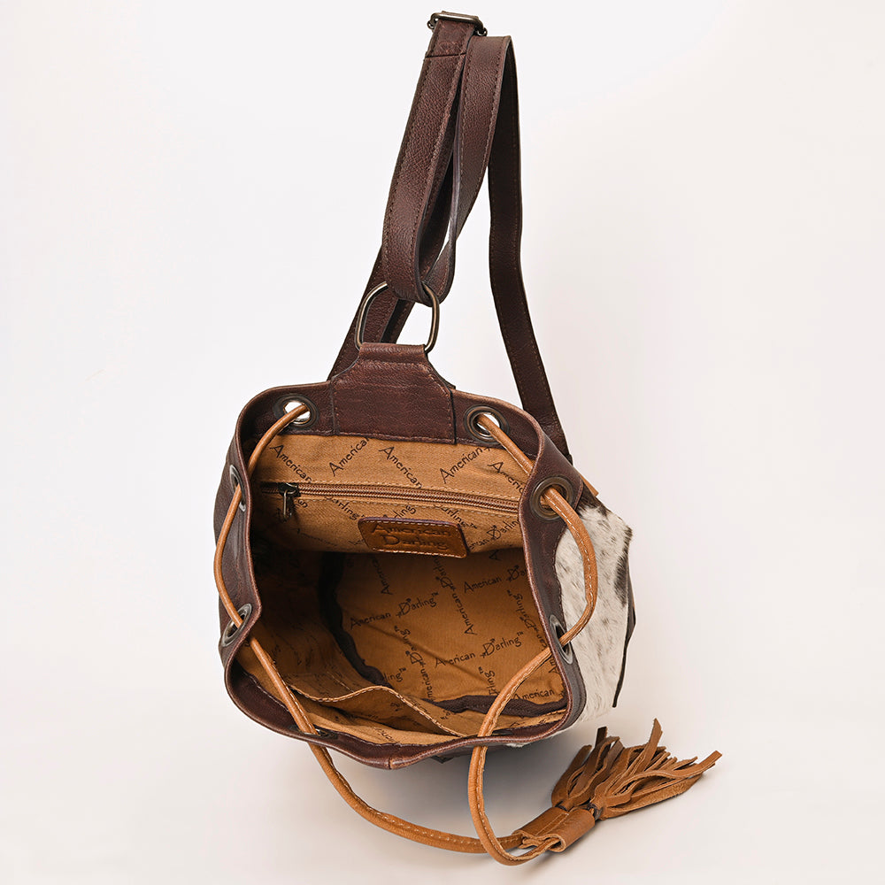 ADBG1324 American Darling Western Leather Bucket Bag with Hair-On Cowhide Patches & Tooled Leather Accent