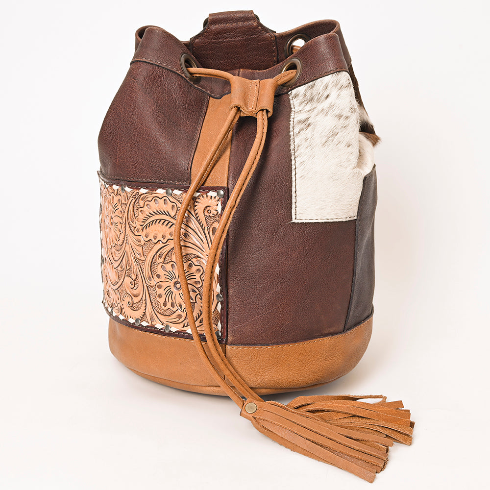 ADBG1324 American Darling Western Leather Bucket Bag with Hair-On Cowhide Patches & Tooled Leather Accent