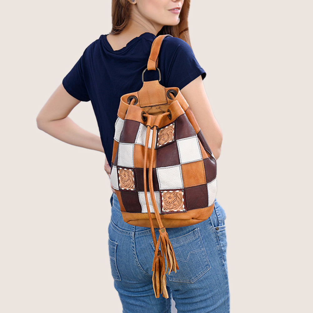 ADBG1324 American Darling Western Leather Bucket Bag with Hair-On Cowhide Patches & Tooled Leather Accent