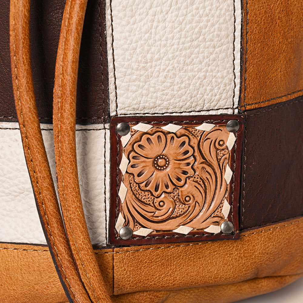 ADBG1324 American Darling Western Leather Bucket Bag with Hair-On Cowhide Patches & Tooled Leather Accent