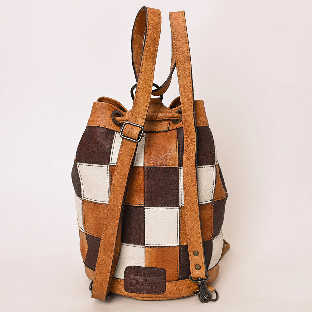 ADBG1324 American Darling Western Leather Bucket Bag with Hair-On Cowhide Patches & Tooled Leather Accent