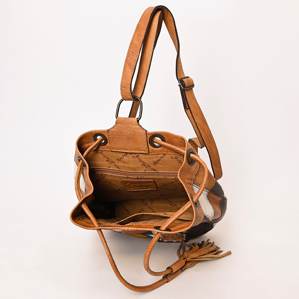 ADBG1324 American Darling Western Leather Bucket Bag with Hair-On Cowhide Patches & Tooled Leather Accent