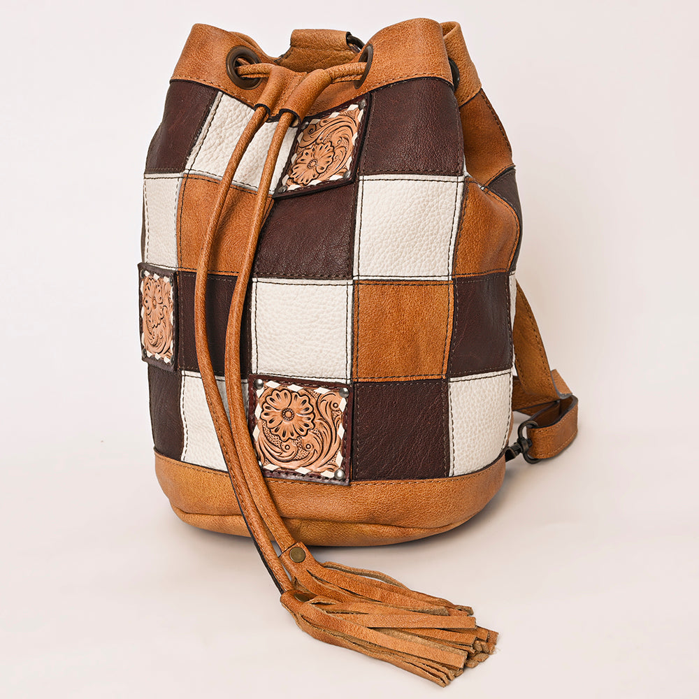 ADBG1324 American Darling Western Leather Bucket Bag with Hair-On Cowhide Patches & Tooled Leather Accent
