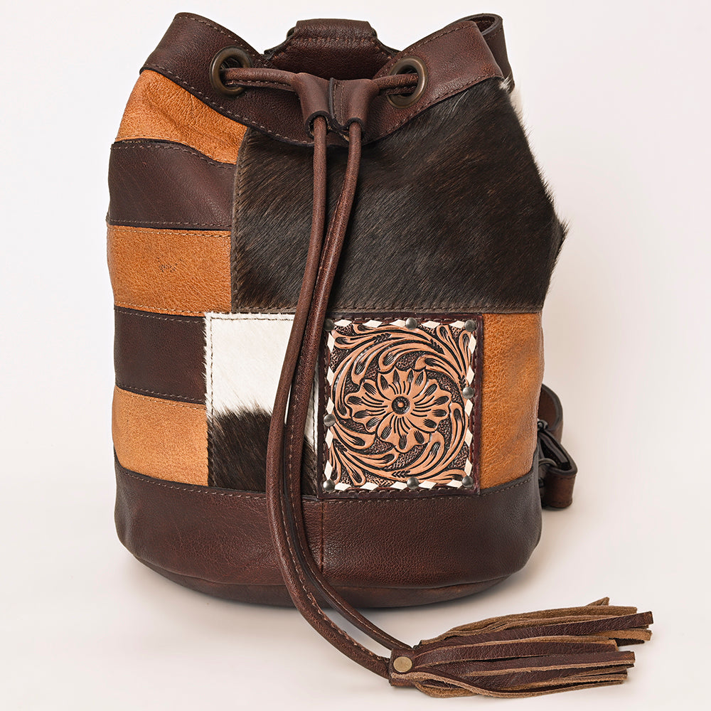 ADBG1324 American Darling Western Leather Bucket Bag with Hair-On Cowhide Patches & Tooled Leather Accent
