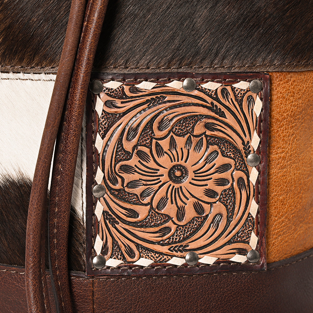 ADBG1324 American Darling Western Leather Bucket Bag with Hair-On Cowhide Patches & Tooled Leather Accent