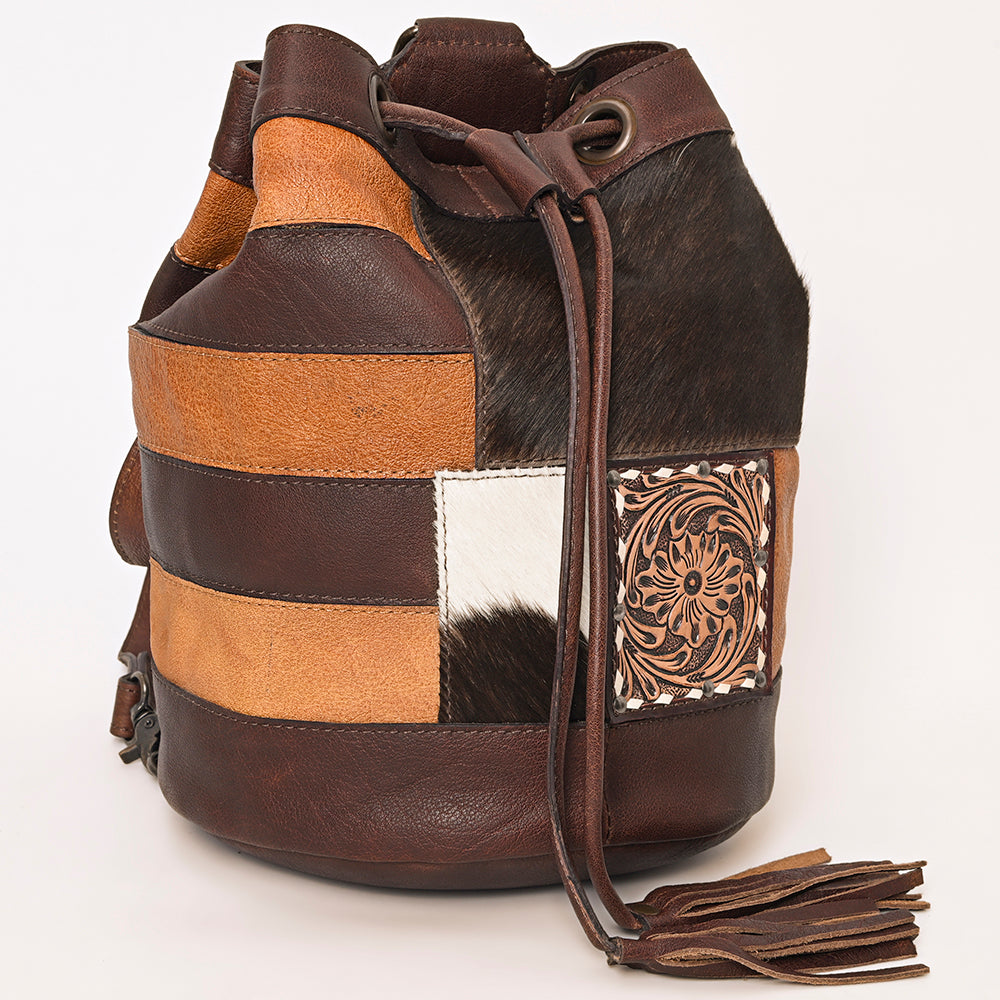 ADBG1324 American Darling Western Leather Bucket Bag with Hair-On Cowhide Patches & Tooled Leather Accent