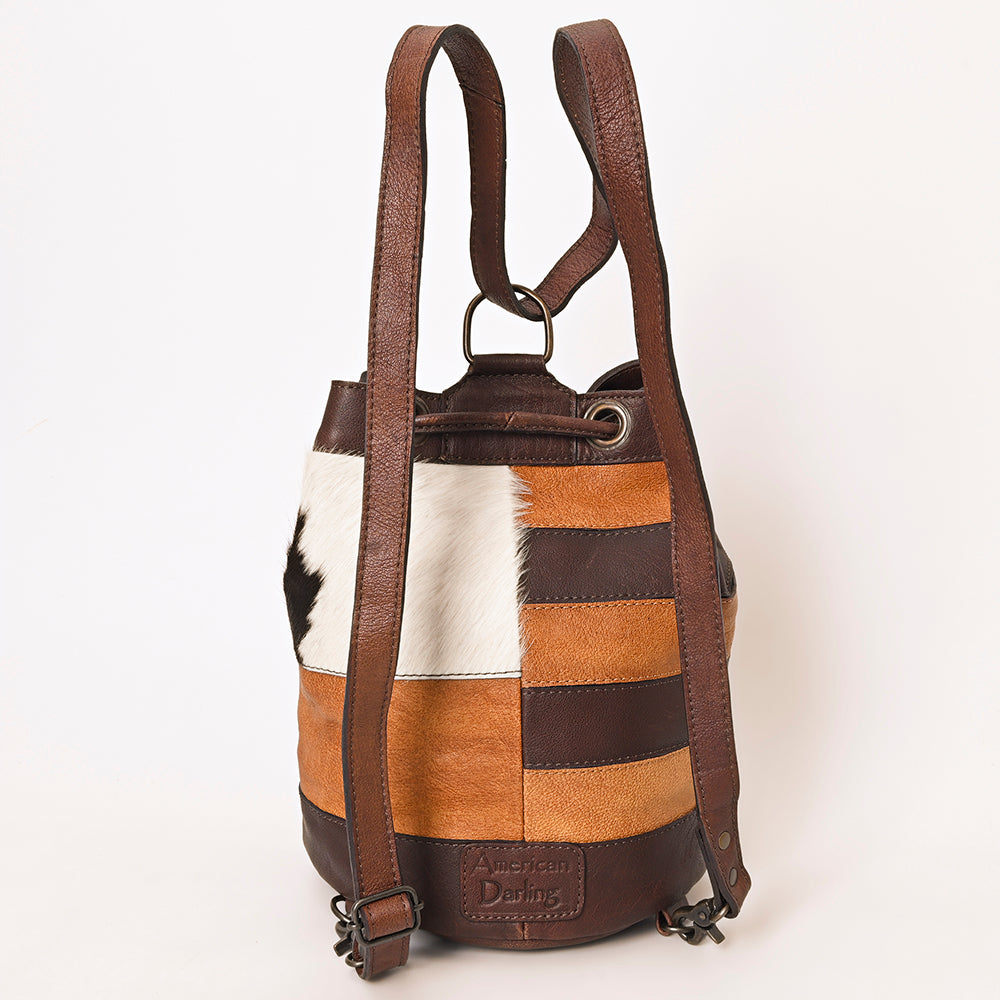 ADBG1324 American Darling Western Leather Bucket Bag with Hair-On Cowhide Patches & Tooled Leather Accent
