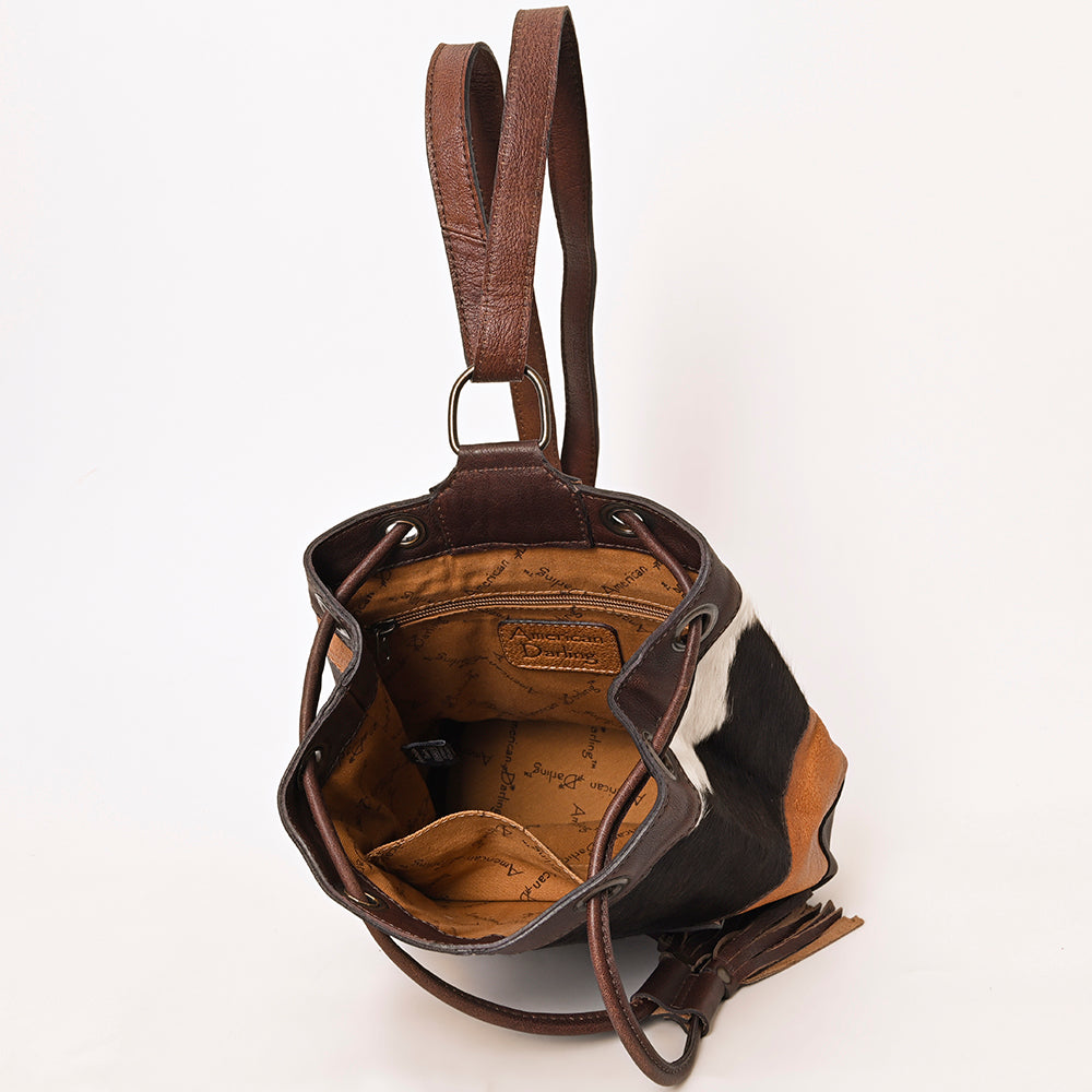 ADBG1324 American Darling Western Leather Bucket Bag with Hair-On Cowhide Patches & Tooled Leather Accent
