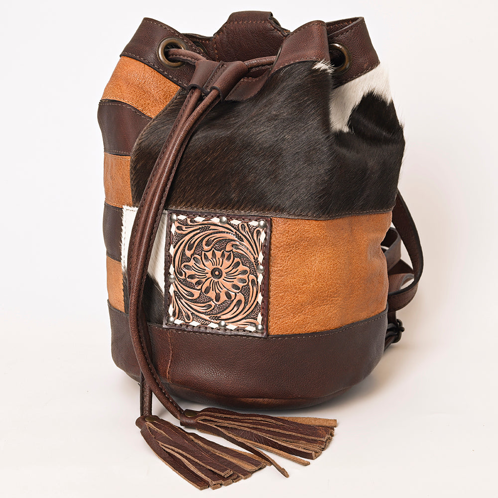 ADBG1324 American Darling Western Leather Bucket Bag with Hair-On Cowhide Patches & Tooled Leather Accent