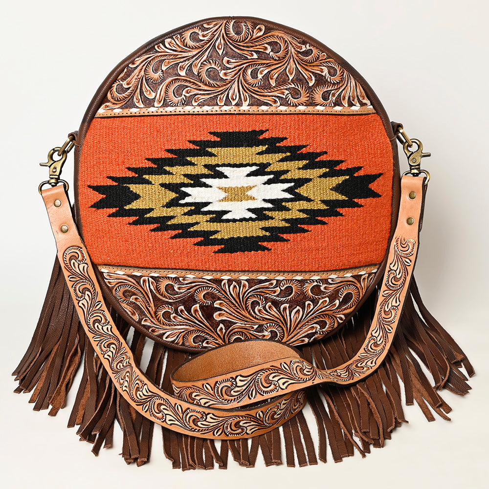 ADBGA486 American Darling Canteen Crossbody Bag Hand-Tooled Leather & Cowhide Western Round Purse