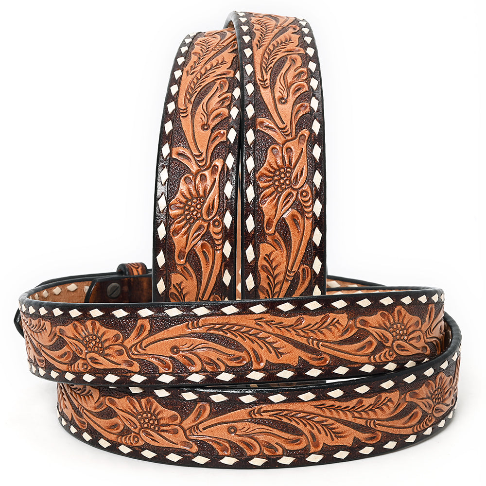 ADBLF238 Two-Tone Tooled Leather Belt with Whipstitch Edge and Matching Buckle