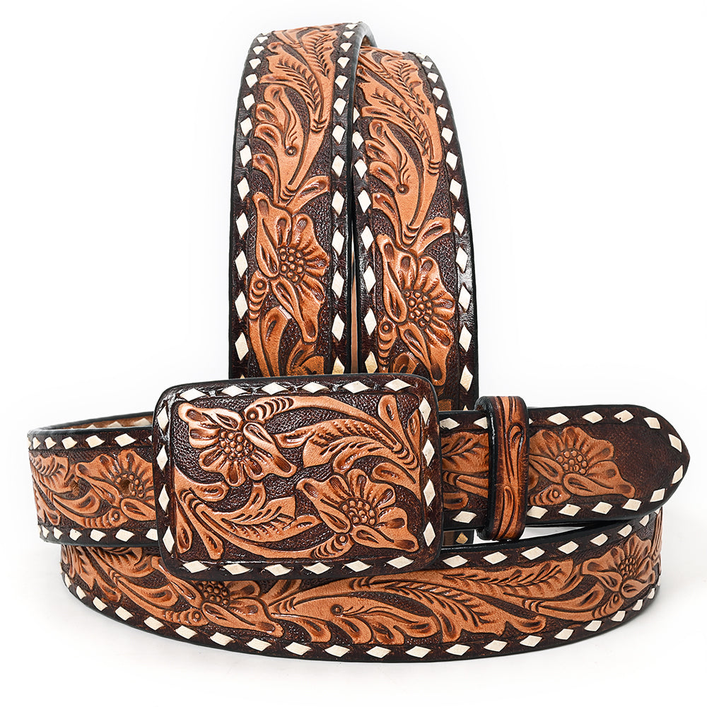 ADBLF238 Two-Tone Tooled Leather Belt with Whipstitch Edge and Matching Buckle
