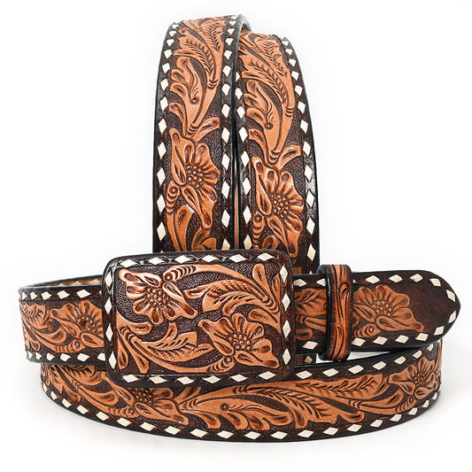 ADBLF238 Two-Tone Tooled Leather Belt with Whipstitch Edge and Matching Buckle